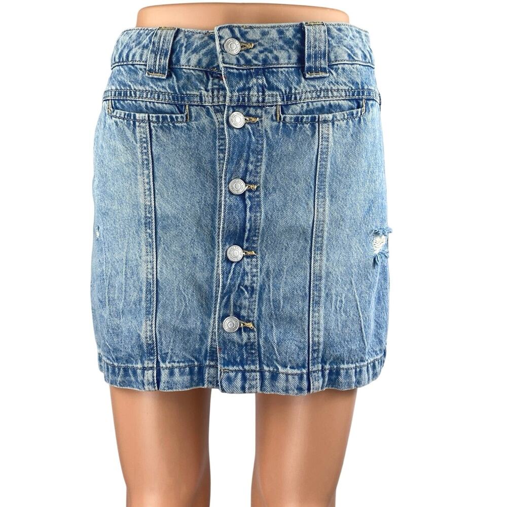 Free People We The Free Blue High Rise Distressed Mini Denim Jean Skirt Size 28